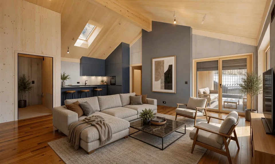 Appartement en attique neuf avec une architecture particulière et vue sur la montagne