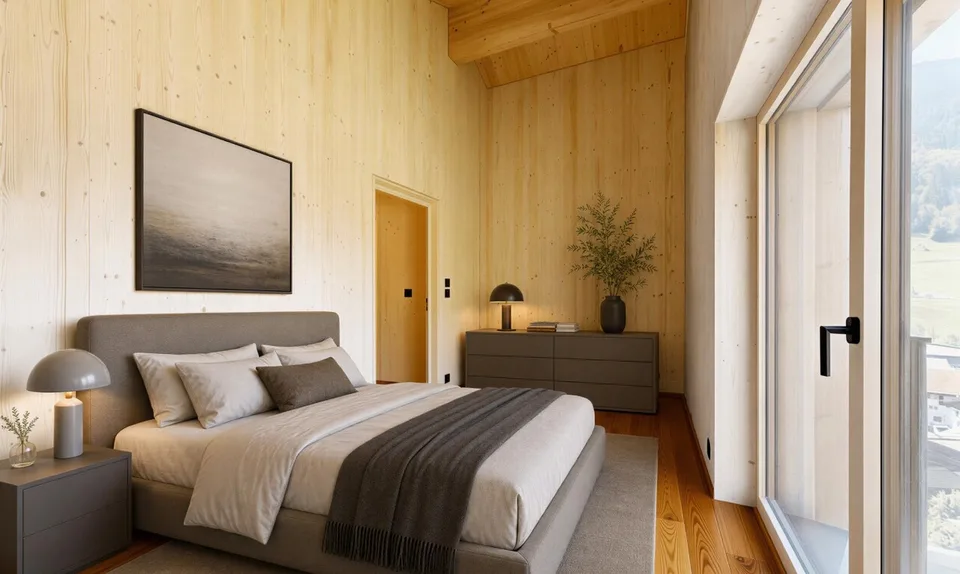 Appartement en attique neuf avec une architecture particulière et vue sur la montagne
