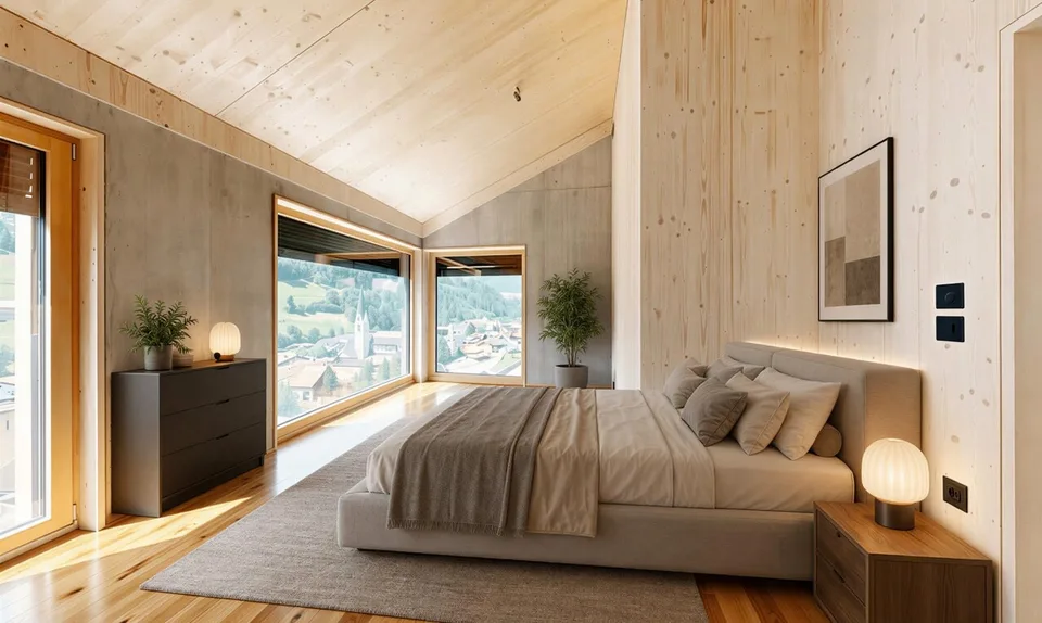 Appartement en attique neuf avec une architecture particulière et vue sur la montagne
