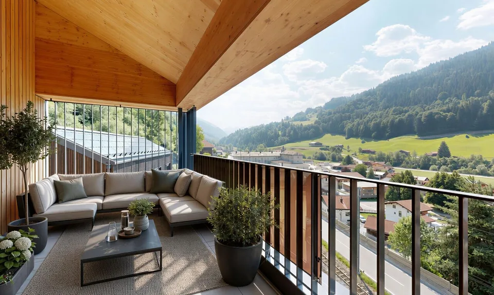 Appartement en attique neuf avec une architecture particulière et vue sur la montagne