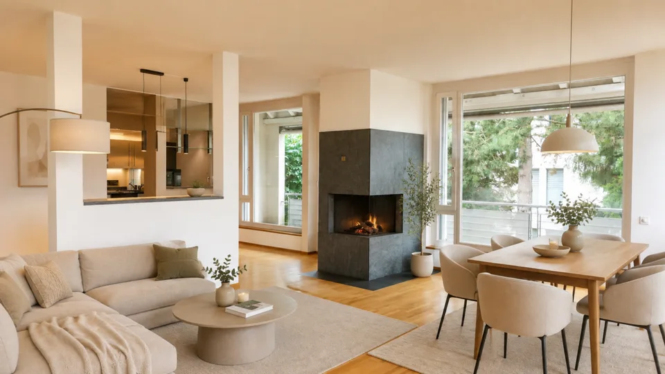 Lichtdurchflutete Wohnung mit Cheminée, Balkon, Terrasse & Ziergarten - Bruderholz