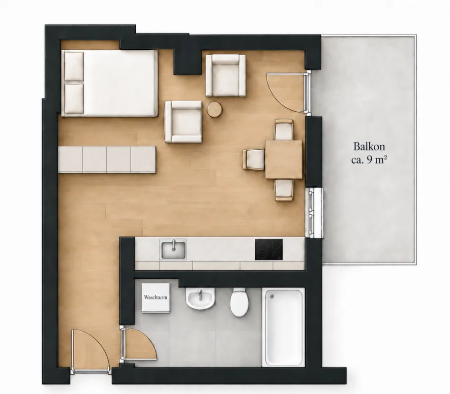 Möblierte 1-Zimmer-Wohnung mit Balkon – Foto 8 von 8