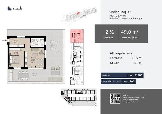 2.5-Zi.-Attika mit 78.5 m² Terrasse - urban wohnen, Killwangen – foto 2 di 13