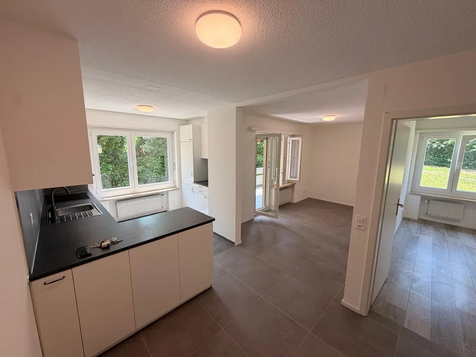 Helle 4.5-Zimmer-Wohnung im Erdgeschoss mit grossem Balkon und Blick ins Grüne