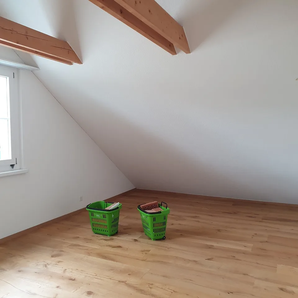 WG mit 1 Zimmer und eigenem Bad, das Zimmer ist schwach möbliert: 3er Sofa (gut zum schlafen) 4 Personen Tisch und 2 Stühle. 1 Regal klein im Zimmer,  eines ausserhalb.