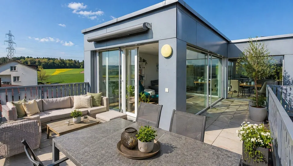 Attikawohnung mit Wintergarten-Charakter, grosszügigen Terrassen und Smart Home