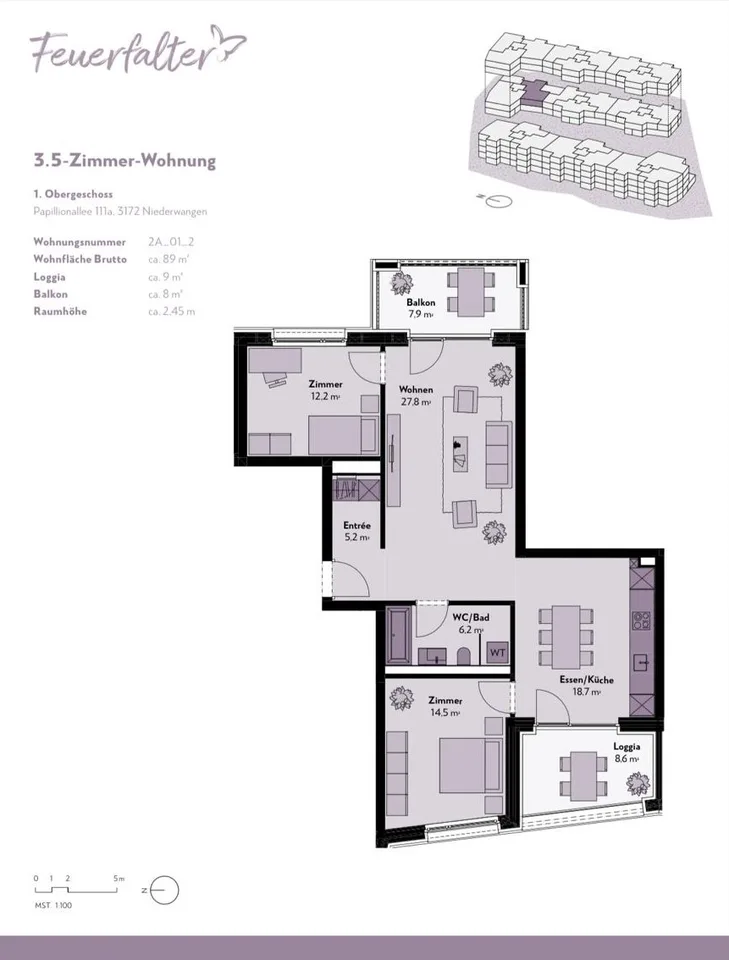 3 1/2 Wohnung mit Balkon und Loggia