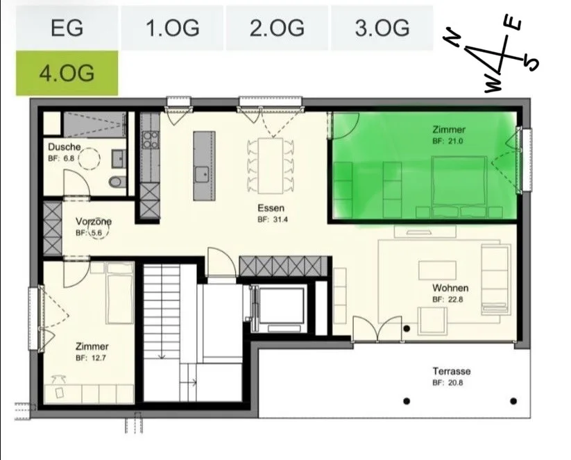 Untermieterin gesucht: Helles & grosszügiges Zimmer (21 m²) in moderner Attikawohnung mit riesiger Dachterrasse & tollem Ausblick (2er-WG, teilmöbliert)