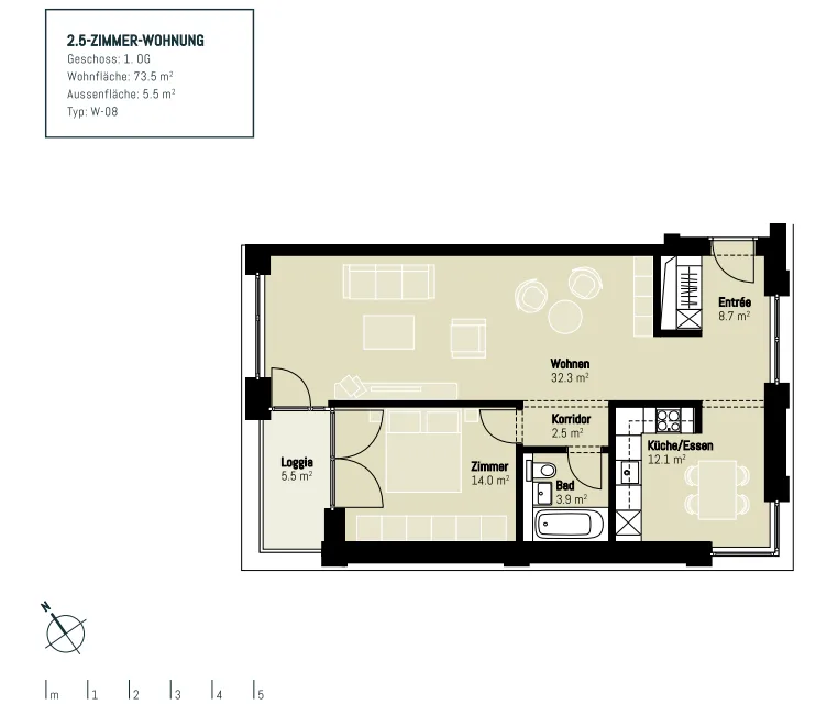 Helle 2.5-Zimmer-Wohnung mit Loggia – moderner Neubau, 73.5 m²