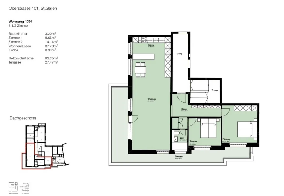 Schöne 3.5-Zimmer-Attikawohnung mit grossem Balkon in St. Gallen