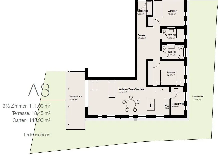 Hochwertige 3.5-Zimmer-Gartenwohnung mit grosszügigem Privatgarten.