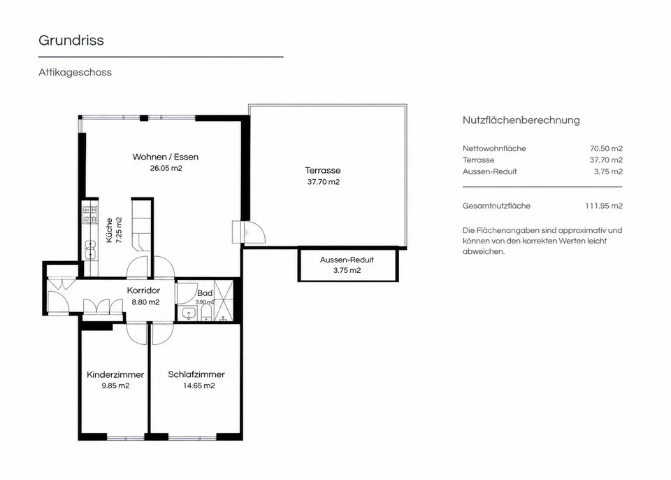 Renovated 3.5-room attic apartment with 38 m² terrace