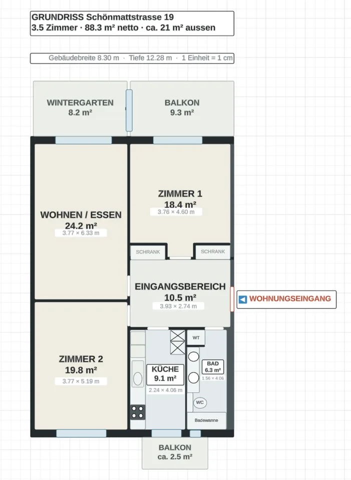 Erstvermietung: 107 m² auf 3.5 Zimmer am Zolli komplett renoviert, 2 Balkone und Wintergarten