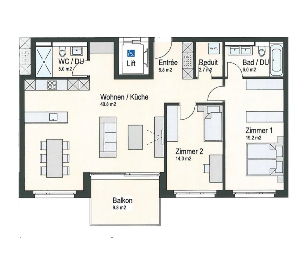 3.5-Zimmer-Wohnung mit grossem Wohnbereich, 2 Nasszellen und Balkon