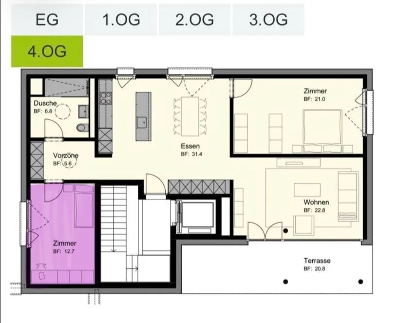 Ein Zimmer in moderner Attikawohnung mit riesiger Dachterrasse & herrlichem Ausblick (2er-WG, Möbliert, Frau bevorzugt)
