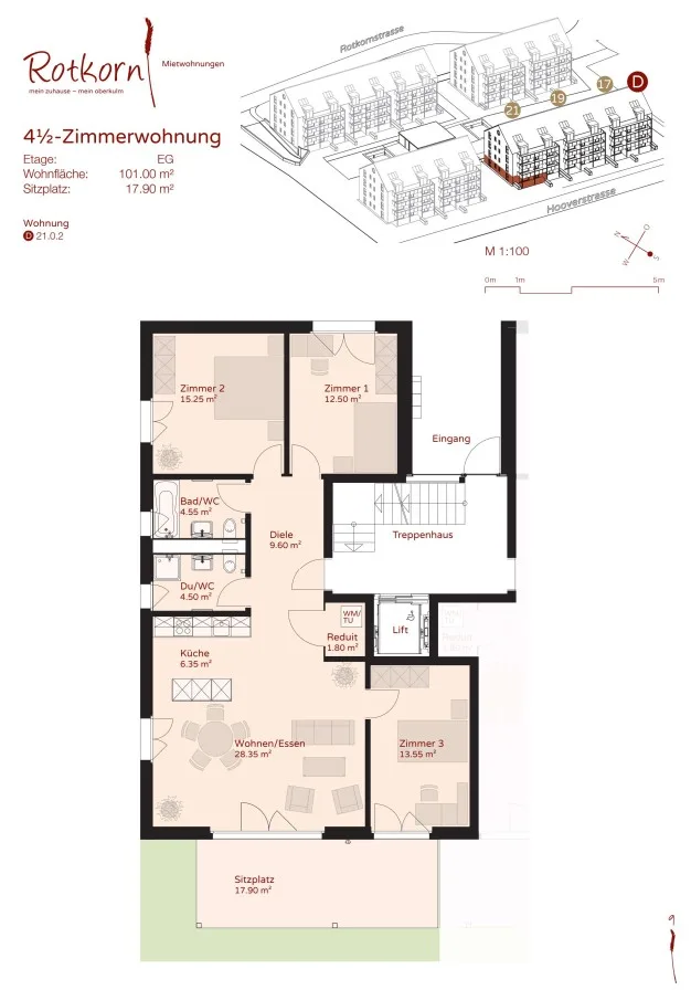 Appartement de jardin 4.5 pièces au rez-de-chaussée, 101 m² avec un espace de séjour donnant sur le verdoyant
